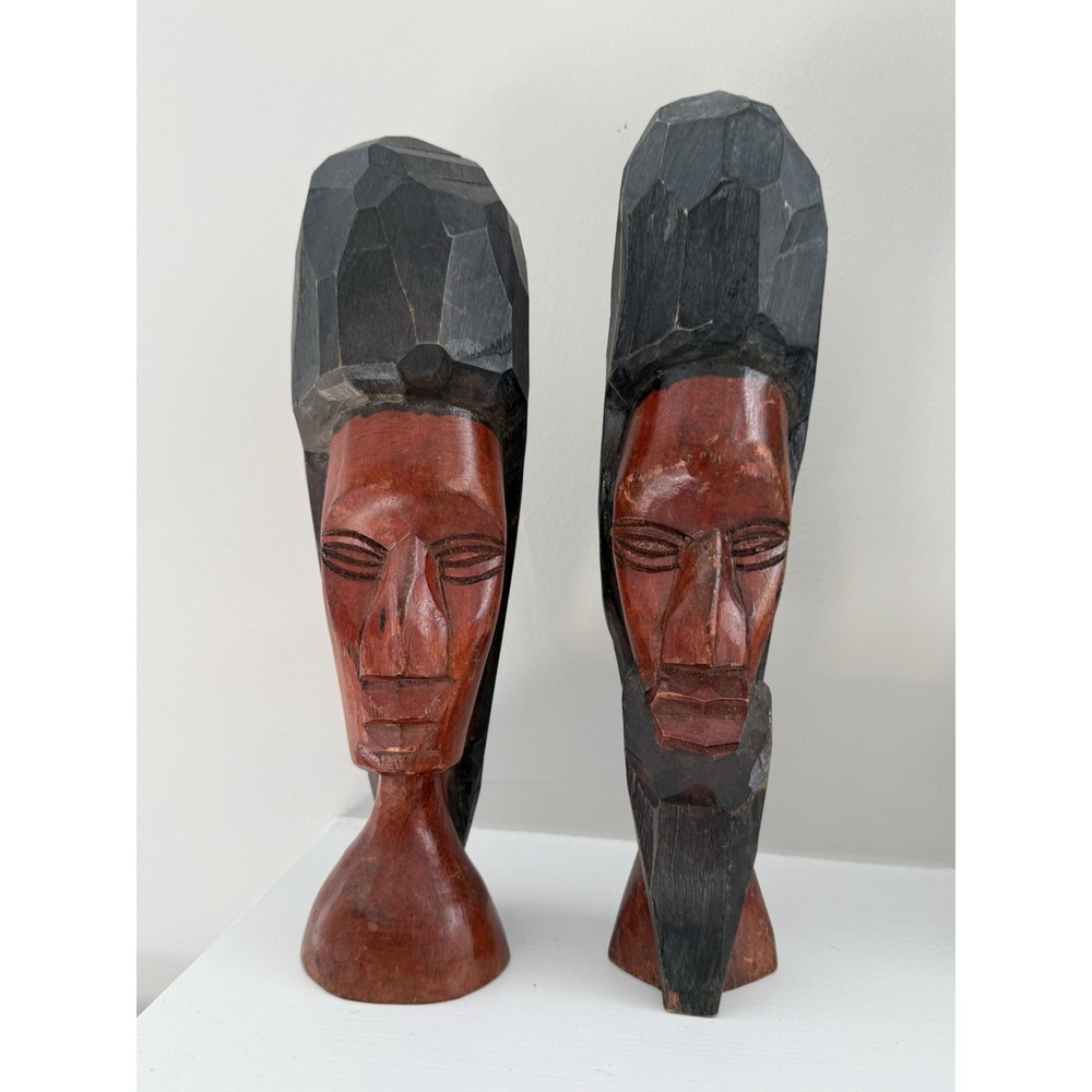 Vintage Jamaican African Hand Carved Wooden Busts Folk Art‎ Pair Man Woman 9-10"
